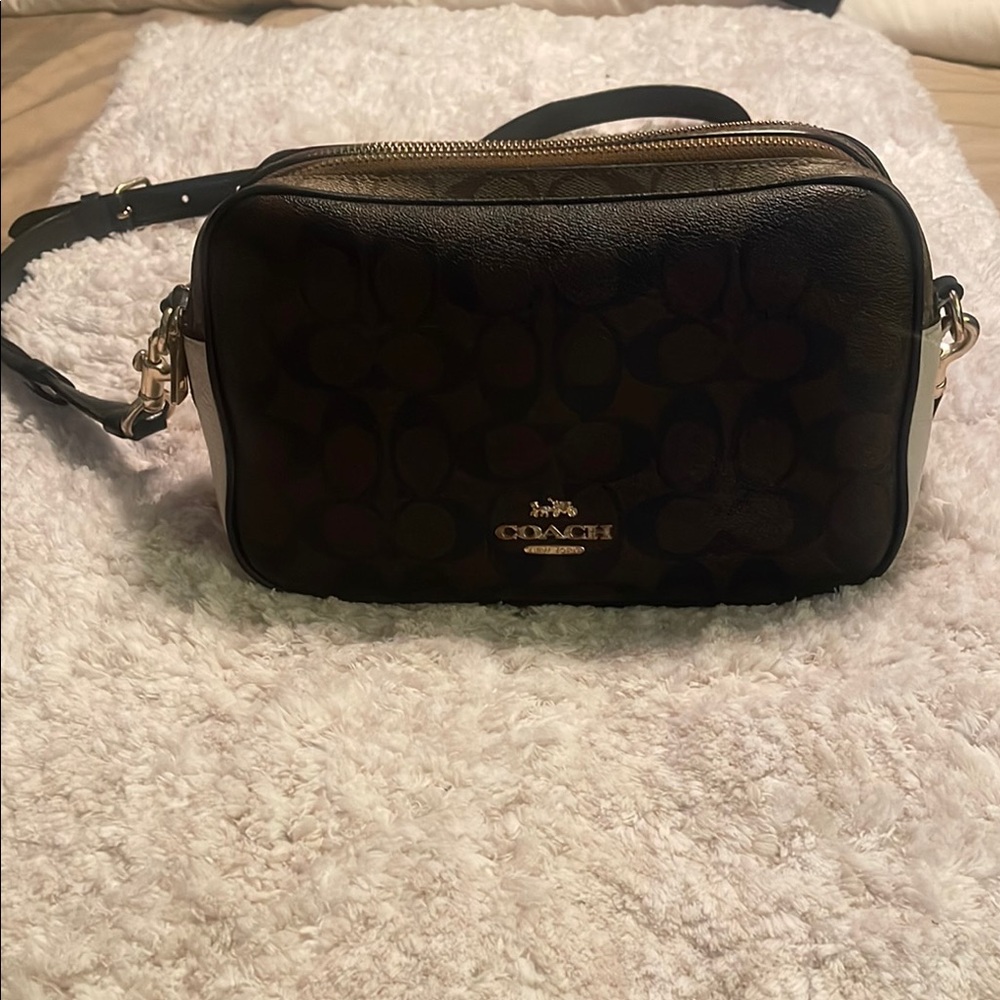 Coach Brown and Cream Crossbody Bag with Sleek Design
